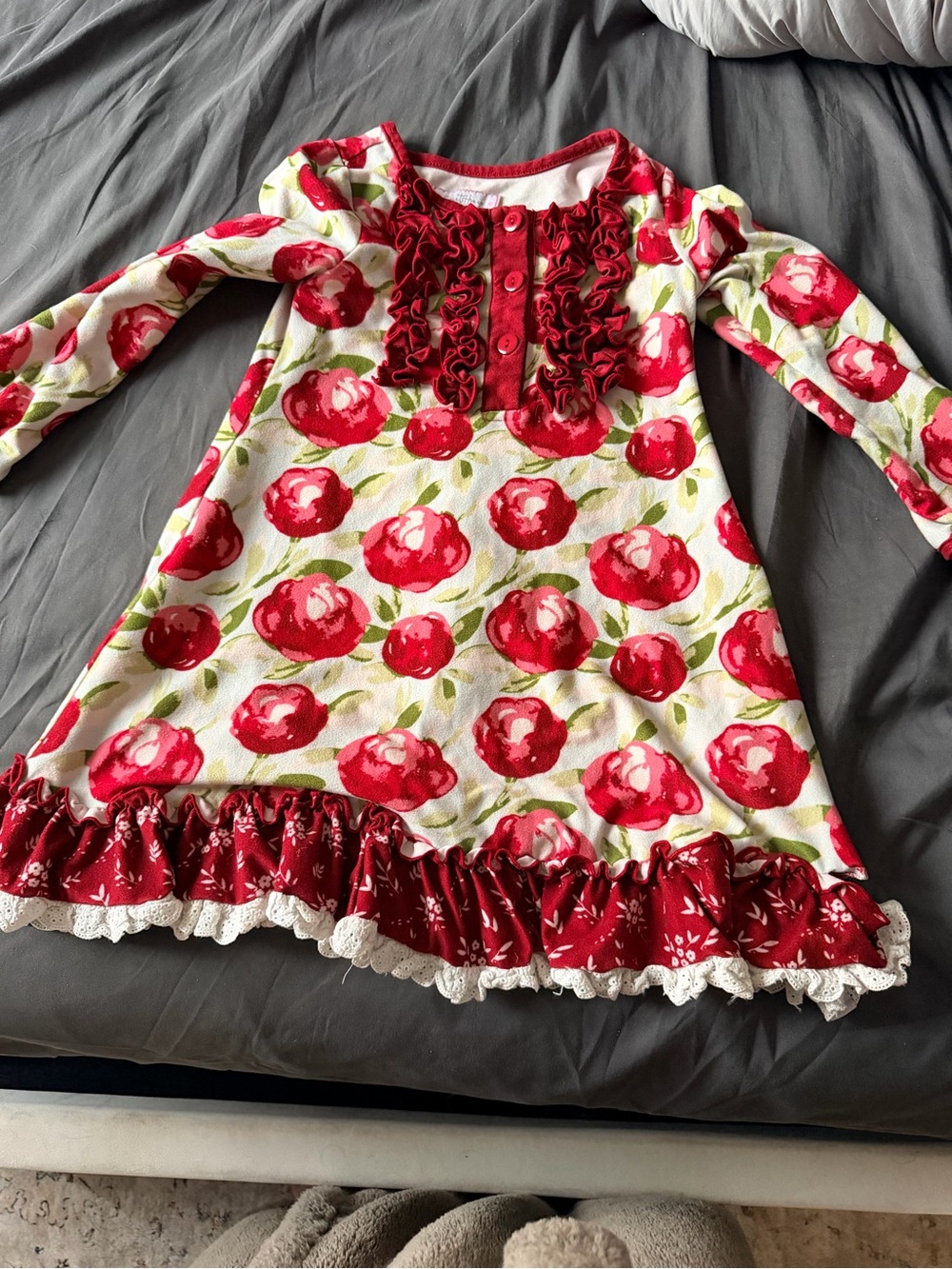 Sweet Honey Girls' Red Floral Ruffle Long-Sleeve Pajama Dress